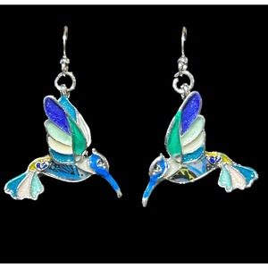 Various Shades of Blue Enamel Hummingbird Silver-Tone Earrings with Wire Hook